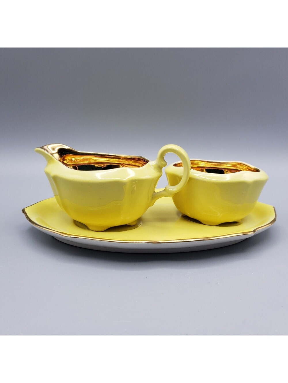 Vintage Royal Winton Grimwades 3pc Creamer Sugar Tray Set Yellow Gold England